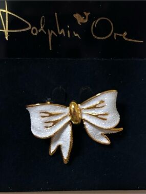 White Enamel Bow Broach with Gold Trim